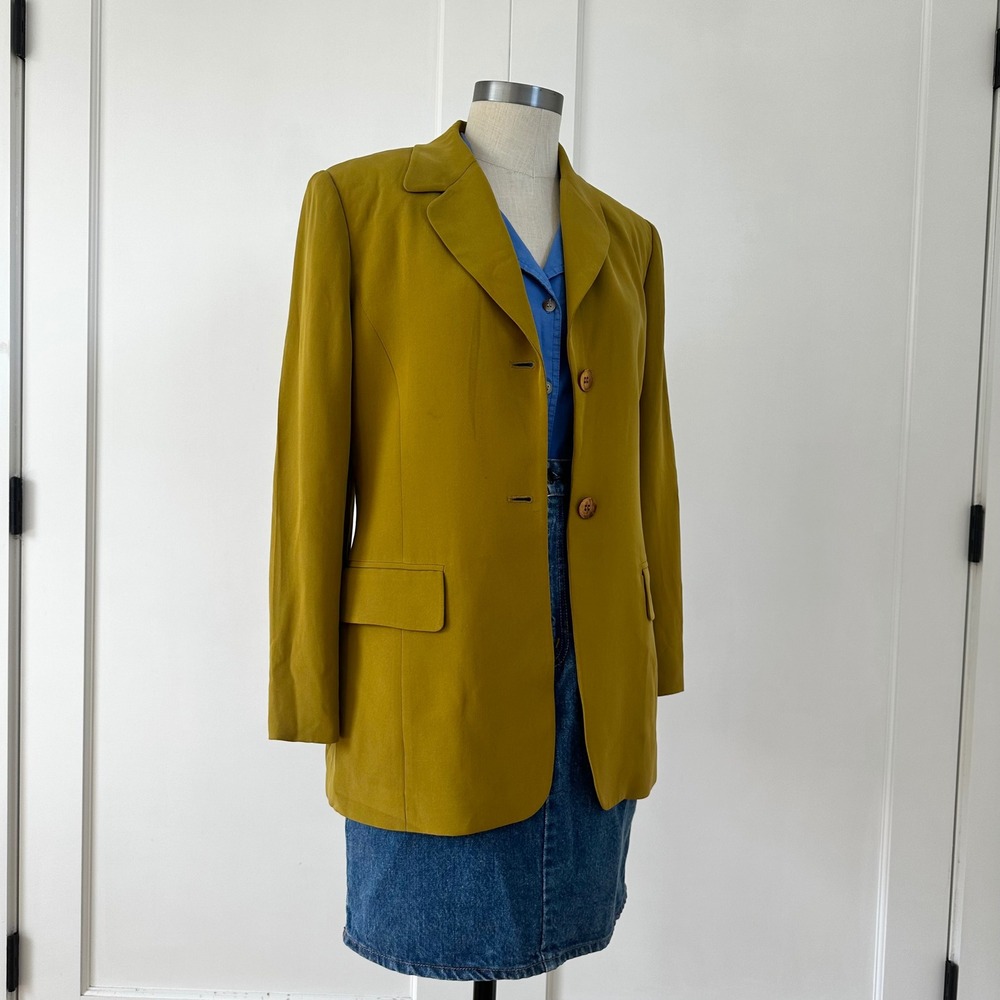 Vintage Jones New York 100 Silk Longline Blazer 8 Mustard Olive Chartreuse 90s